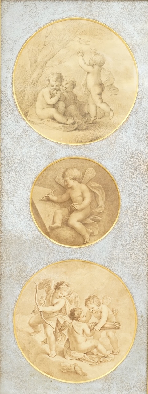 After Francesco Bartolozzi RA (Italian, 1727-1815), Children and doves, set of three tondo stipple engravings, mounted and framed as one, largest 17cm diameter
